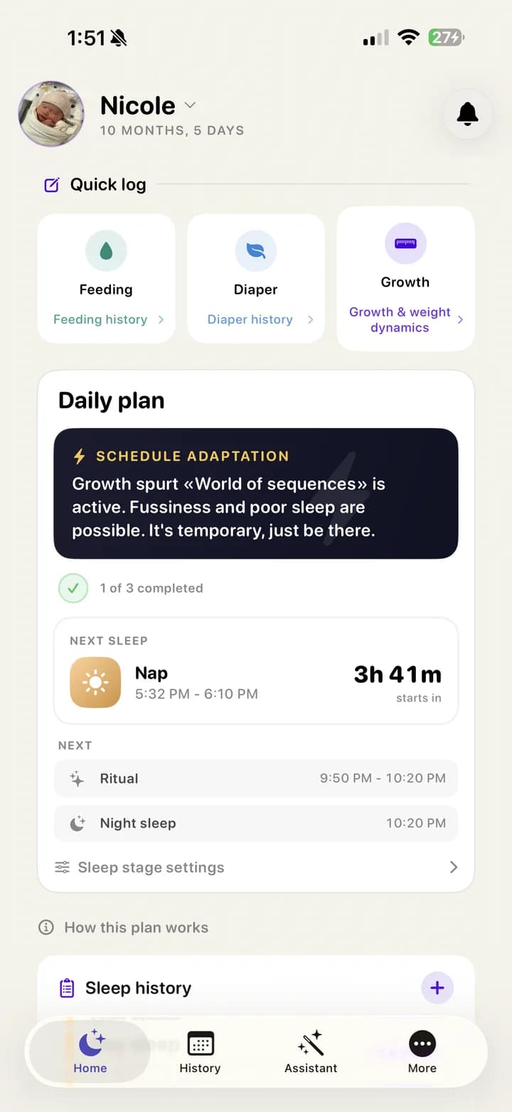 Baby Soma app - the daily sleep plan screen